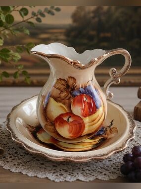 Vintage porcelain wash basin and pitcher set.